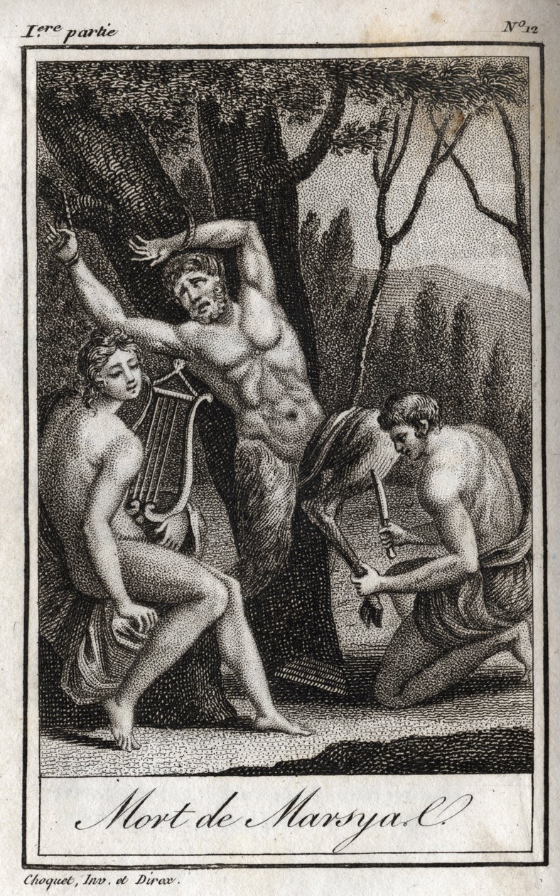 Die Bestrafung oder der Tod des Marsyas (Die Bestrafung des Marsyas) wird bestraft, weil er Apollo zur Lyra herausgefordert hat, und wird vom Bogenschützen in Anwesenheit von König Midas und den Musen gehäutet. Gravur von 1819 in „Lettres à Emilie sur la m von Anonymous Anonymous