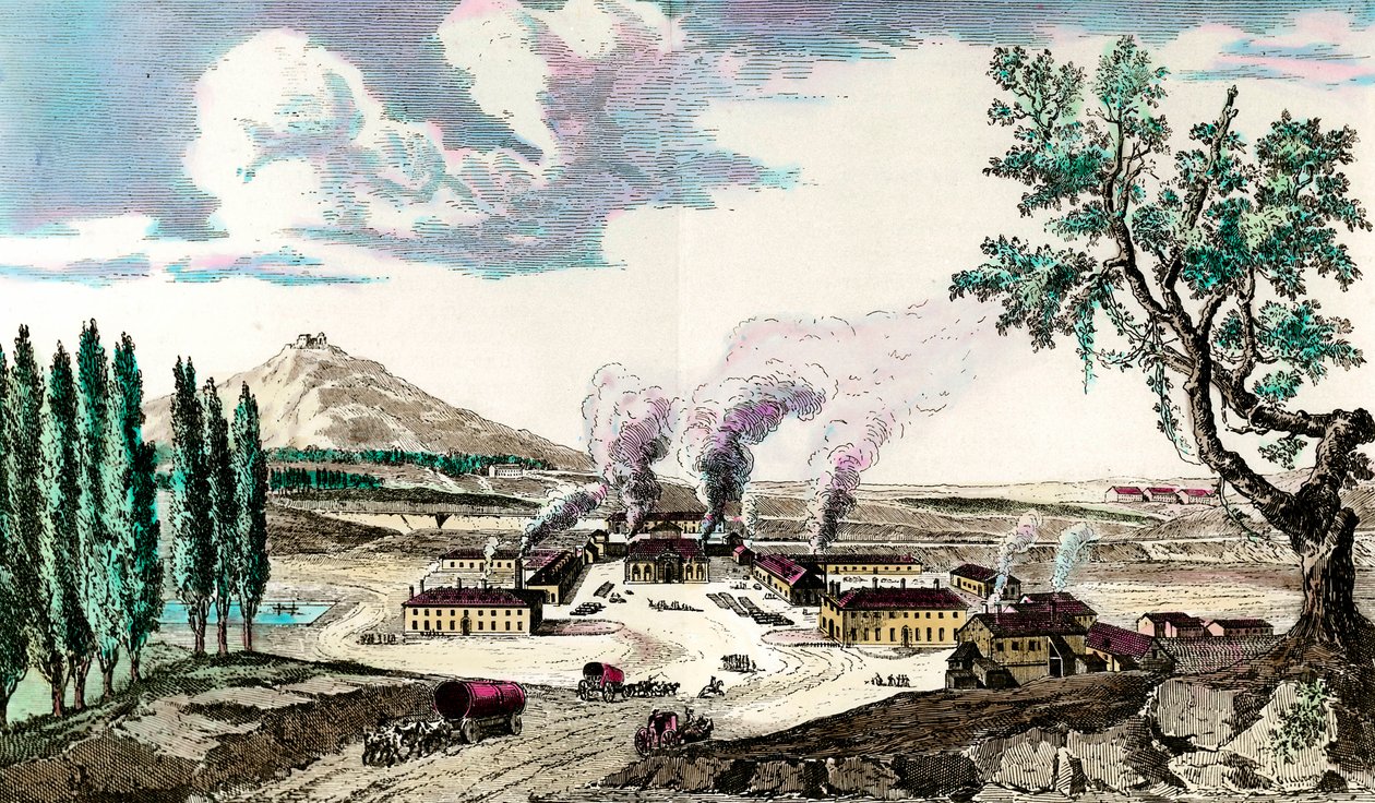 Die königliche Gießerei in Le Creusot (Saône-et-Loire) im Jahr 1787. Sie stellte unter anderem die Bewaffnung der französischen Armee her. Gravur aus dem 18. Jahrhundert. Private Sammlung von Anonymous Anonymous