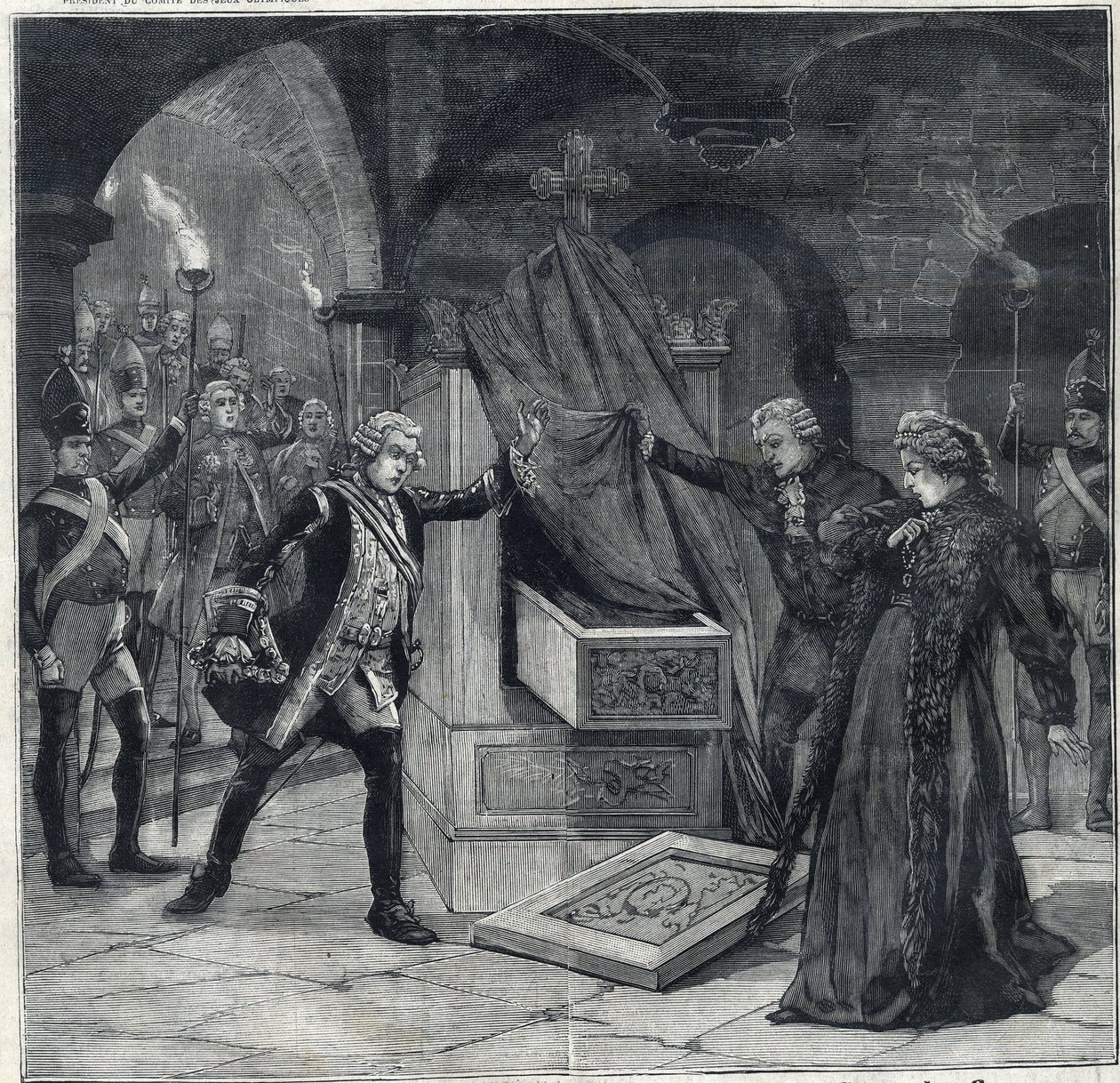 Die Bühne der Keller im Stück "Katharina von Russland" im Theater von Cathelet Paul Ginisty und Charles Samson. Gravur in "Le Petit Parisien" von Anonymous Anonymous
