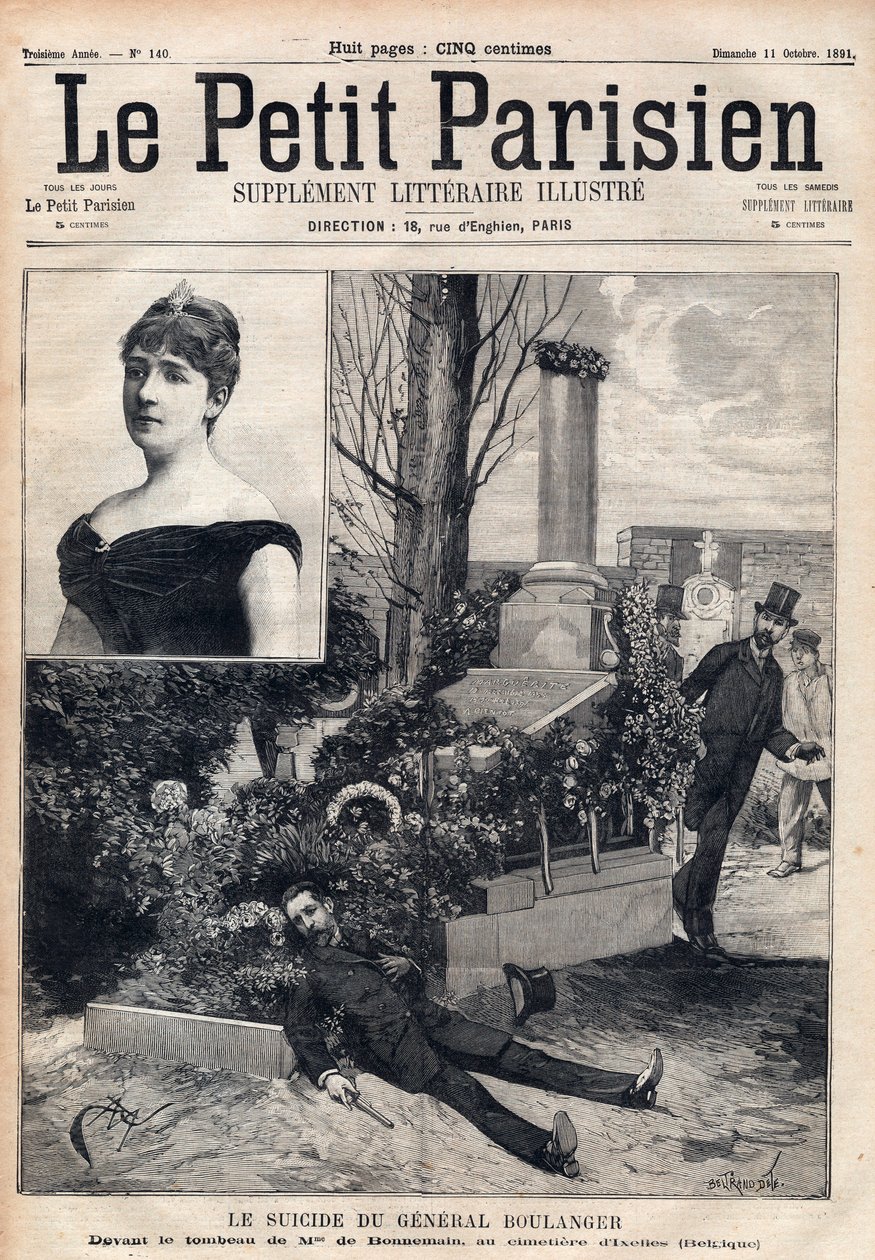 Der Selbstmord von General Georges Boulanger (1837-1891) auf dem Friedhof von Ixelles in Belgien vor dem Grab von Madame Bonnemains. Gravur in „Le petit Parisien“ von 1891. Private Sammlung. von Anonymous Anonymous