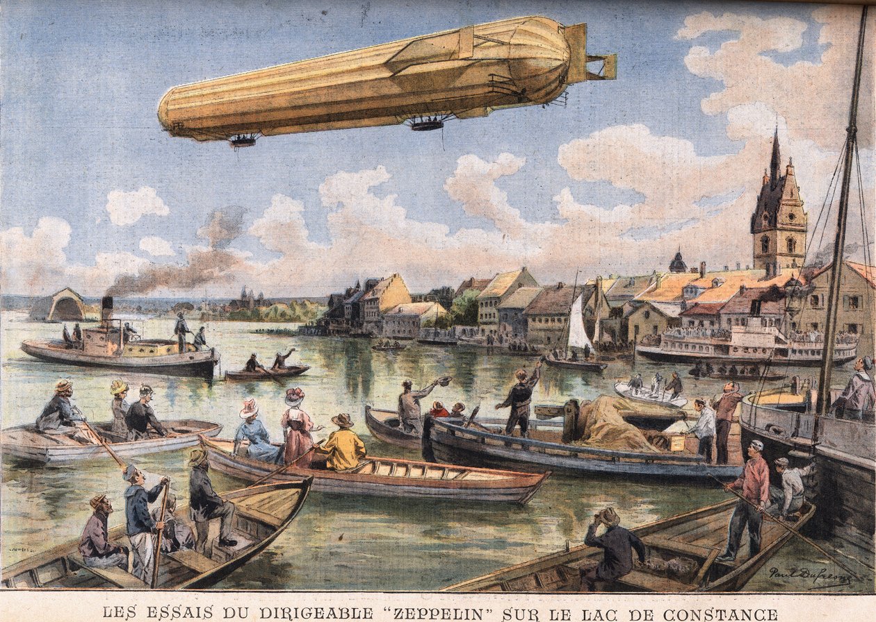 Die Tests des Zeppelin-Luftschiffs auf dem Bodensee in Deutschland. Gravur aus der Zeitung 