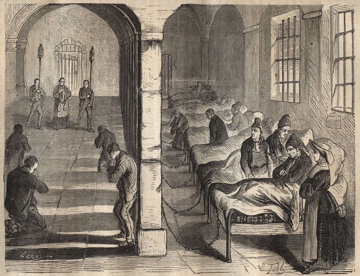 Das Viaticum im Toulon-Bagne im 19. Jahrhundert. Gravur in „Histoire des bagnes depuis leur création à nos jours“ (1877) von Pierre Zaccone (1817-1895). Private Sammlung. von Anonymous Anonymous