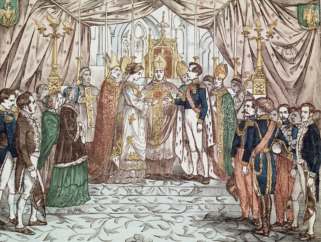 Die Hochzeit von Napoleon III. und Eugenia Maria de Montijo de Guzman, am 30.01.1853 in der Kathedrale Notre-Dame (Gravur) von Anonymous Anonymous