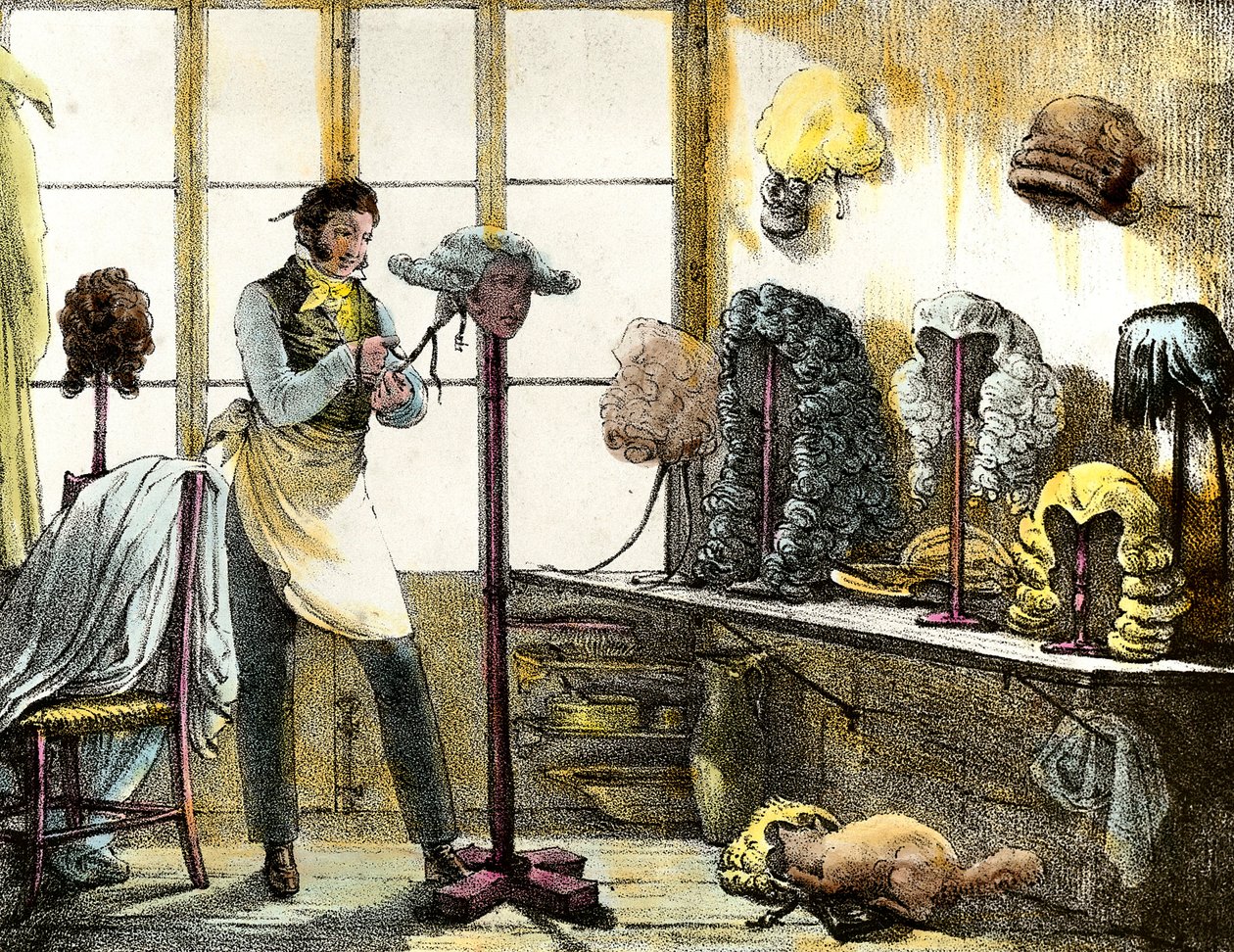Die Perücke, die eine Katogan-Perücke stylt, Herrenfriseur. Gravur aus „Mirror shows, letters, meds, etc. The arts“ 1821-1823, Privatsammlung von Anonymous Anonymous