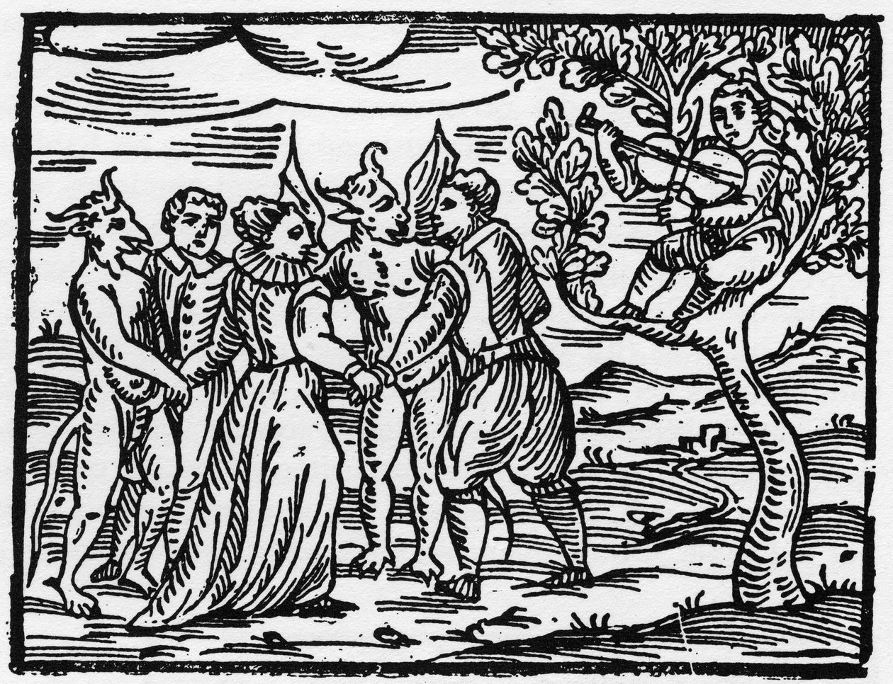 Die Hexen tanzen auf dem Sabbat zum Klang der Geige - „Compendium Maleficarum“, behandelt Hexen, ihre Bosheit und ihre Zauberei von Francesco Maria Guazzo oder Guaccio oder Guaccius (15?? -16??) 1608 Private Sammlung von Anonymous Anonymous