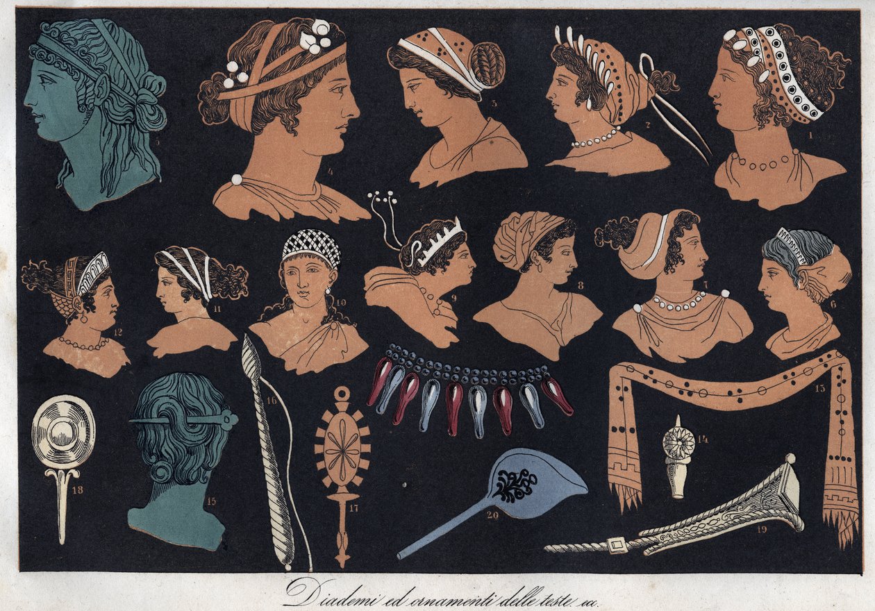 Tiaras und Kopfschmuck im antiken Griechenland - Gravur aus „Usi e Costumi di Tutti i Popoli dell