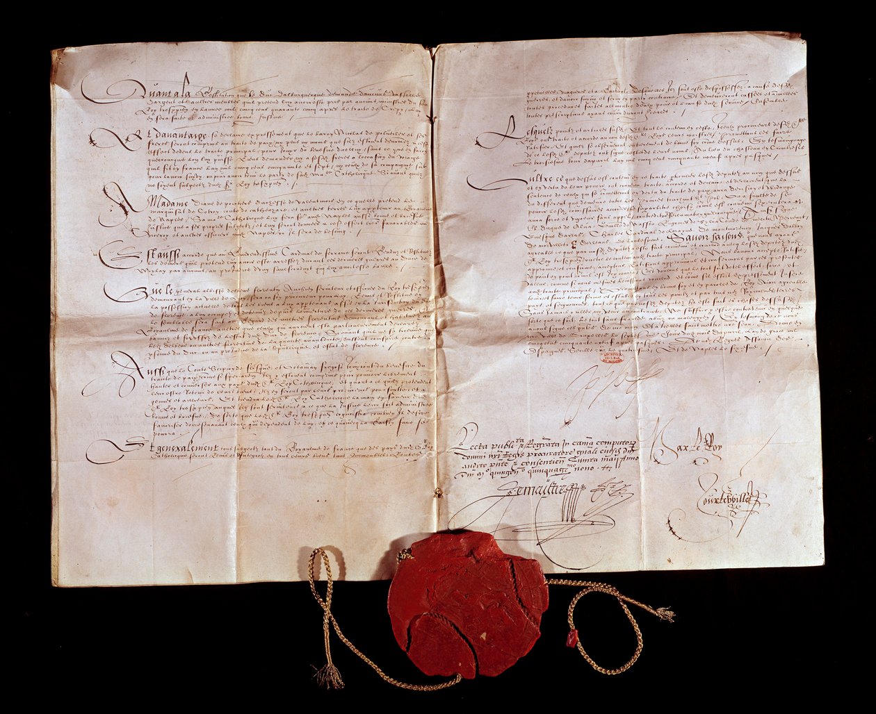 Vertrag von Cateau-Cambrésis zwischen Heinrich II. (1519-1589) und Philipp II. von Spanien am 3.04.1559. Frankreich gibt seine italienischen Gebiete an Spanien zurück. Dieser Vertrag beendete die Italienischen Kriege. Paris, Nationalarchiv von Anonymous Anonymous