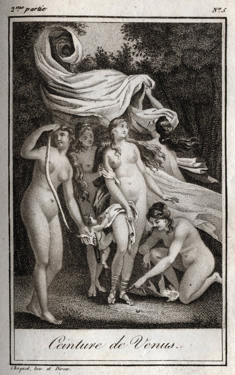 Venusgürtel: Während die Schlacht zugunsten der Trojaner weitergeht, benutzt Juno den Gürtel der Venus, um Jupiter zu bezaubern, und Schlaf, um ihn einzuschläfern. Gravur von 1819 in „Lettres à Emilie sur la mythologie“ von Charles Albert Demoustier (1760- von Anonymous Anonymous