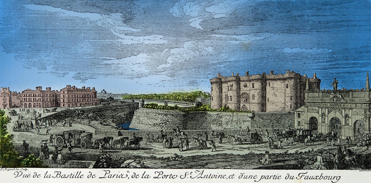 Ansicht der Bastille von Paris, der Porte Saint Antoine und eines Teils des Vororts im 18. Jahrhundert, Gravur, private Sammlung von Anonymous Anonymous