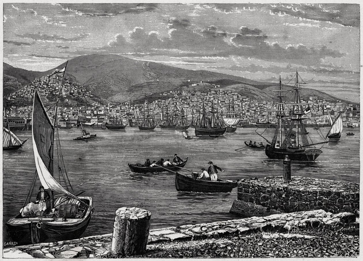 Ansicht der Insel Syra in Griechenland. Gravur in „Les Missions Catholiques au XIXème Siècle“ von Louis-Eugène Louvet. Private Sammlung. von Anonymous Anonymous