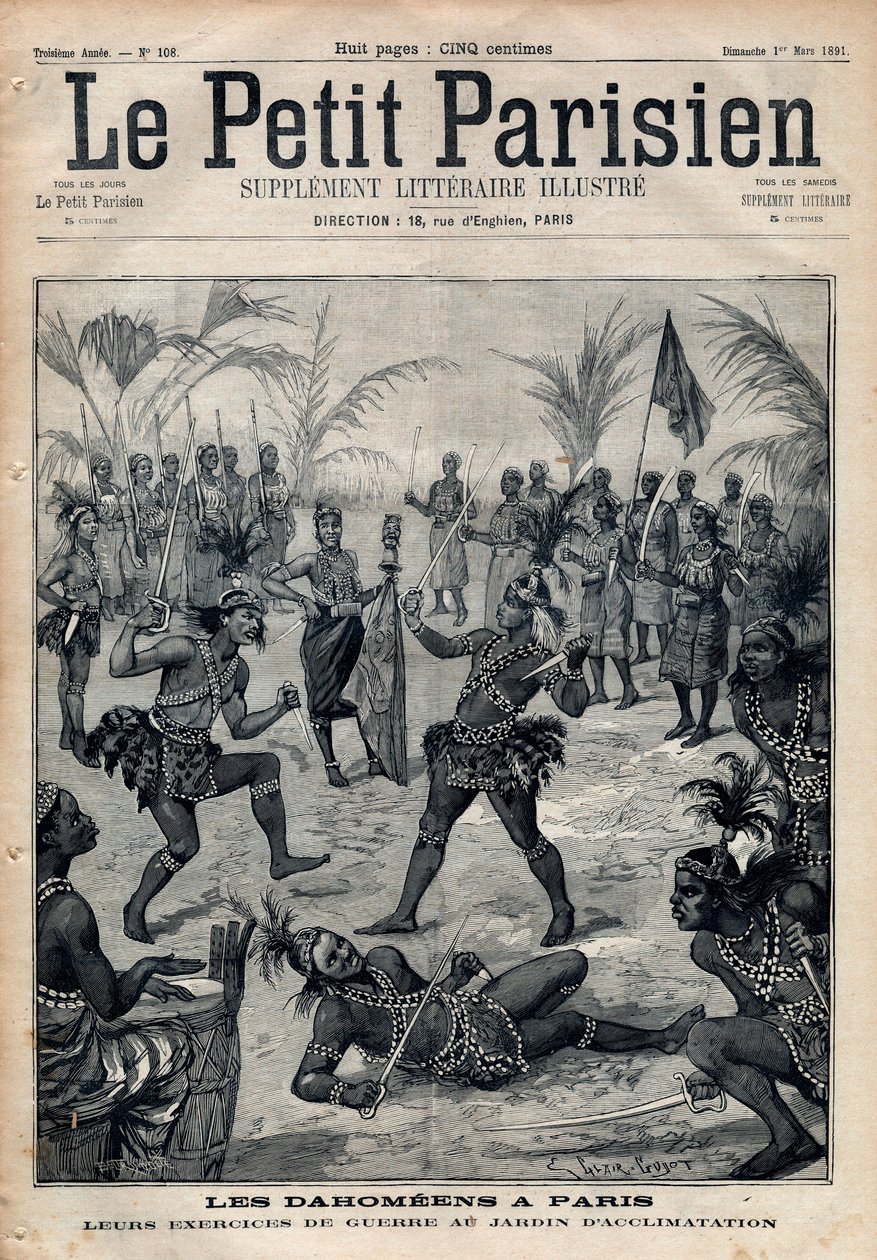 Kriegsexerzitien: Amazonen, Krieger und Feticheure aus Dahomey (heute Benin) aus dem Garten der Akklimatisation in Paris (Menschlicher Zoo). Gravur in „Le petit Parisien“ von 1891. Private Sammlung. von Anonymous Anonymous
