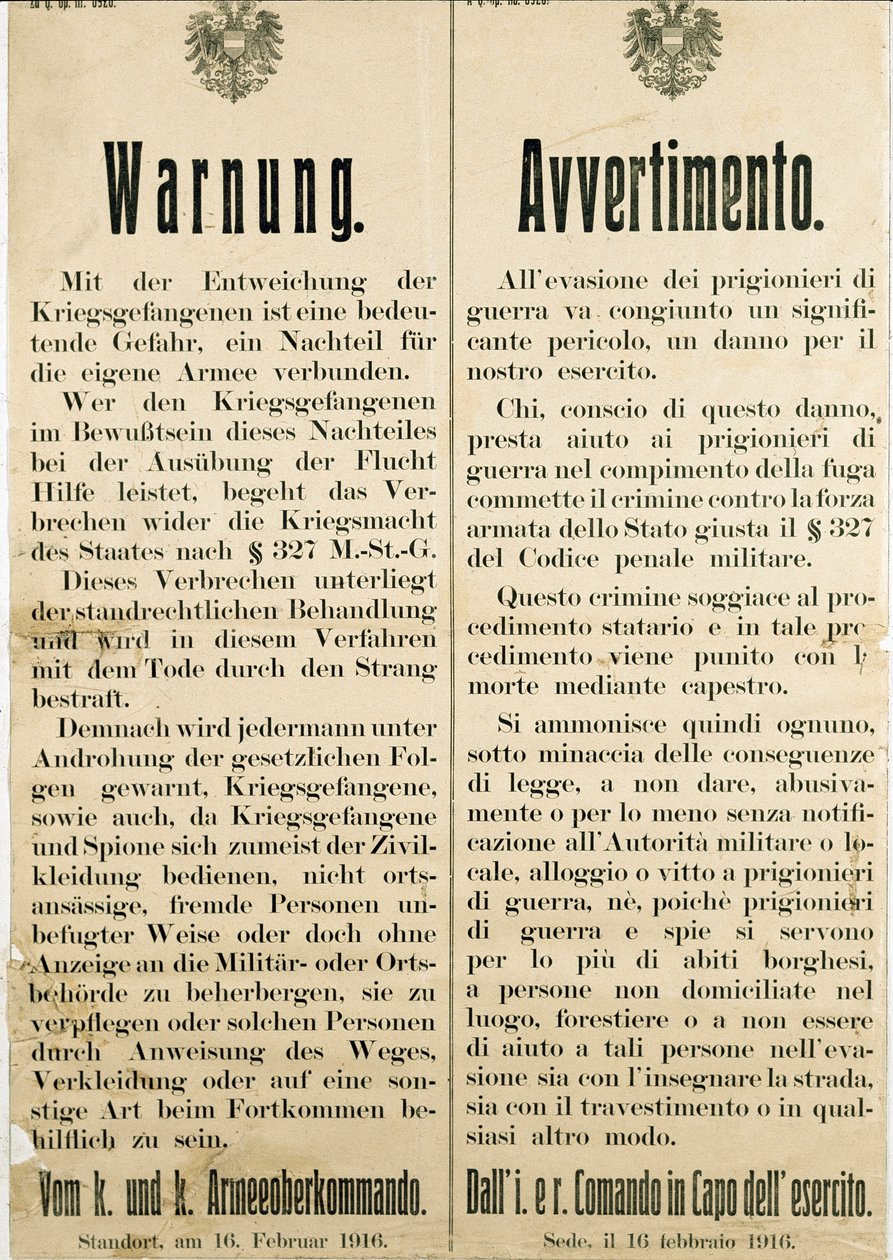 Warnung nach der Flucht italienischer Kriegsgefangener am 16. Februar 1916, die die österreichische Bevölkerung auffordert, ihnen nicht zu helfen von Anonymous Anonymous