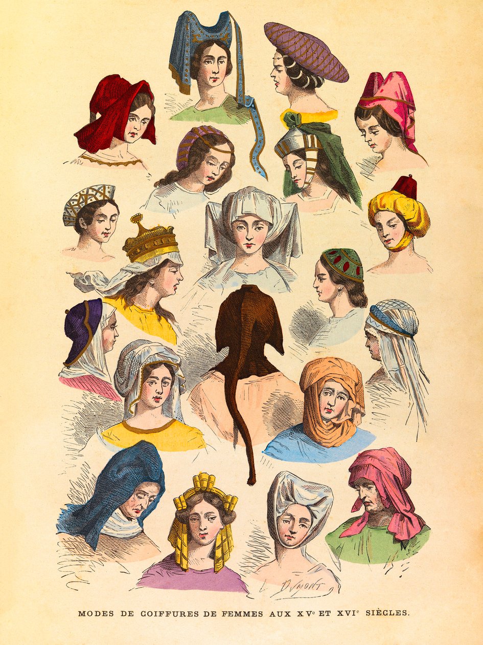 Frauenfrisuren im 15. und 16. Jahrhundert (Gravur) von Anonymous Anonymous