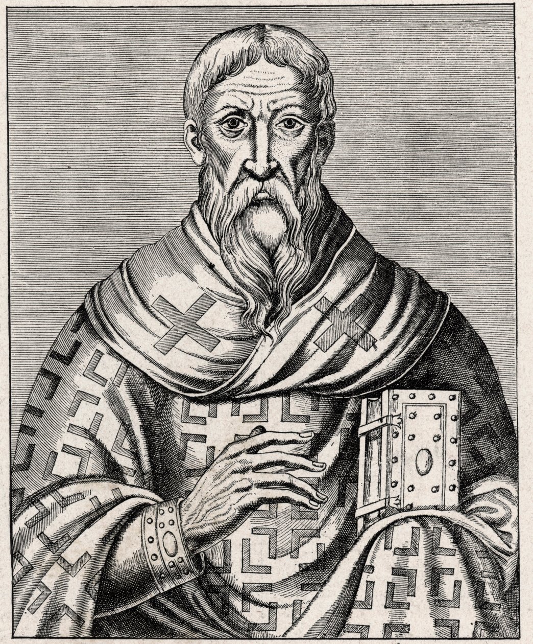 Porträt von Dionysius dem Areopagiten - Porträt von Saint Denys dem Areopagiten (1. Jahrhundert), griechischer Bischof - Gravur nach einer Illustration aus „Leben berühmter Männer“ von Thevet - In „Les Missions Catholiques au XIXème Siècle“ von Louis-Eugèn von Anonymous Anonymous