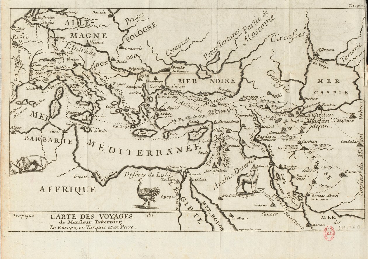Karte von Taverniers Reisen in Europa, Persien, Türkei, 17. Jahrhundert von Anonymous master.