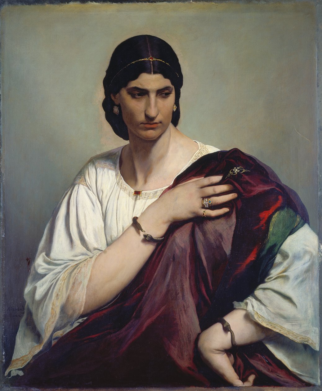 Lucrezia Borgia; Porträt einer römischen Frau in weißer Tunika und rotem Gewand, ca. 1862-66 von Anselm Feuerbach