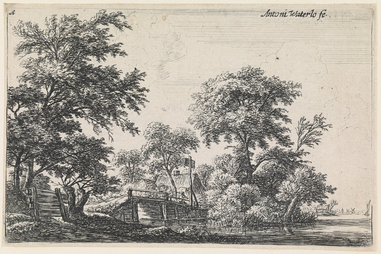 Landschaft mit einem Holzzaun unten links (Nr.1 aus einer Serie von 12 Drucken) von Anthonie Waterloo