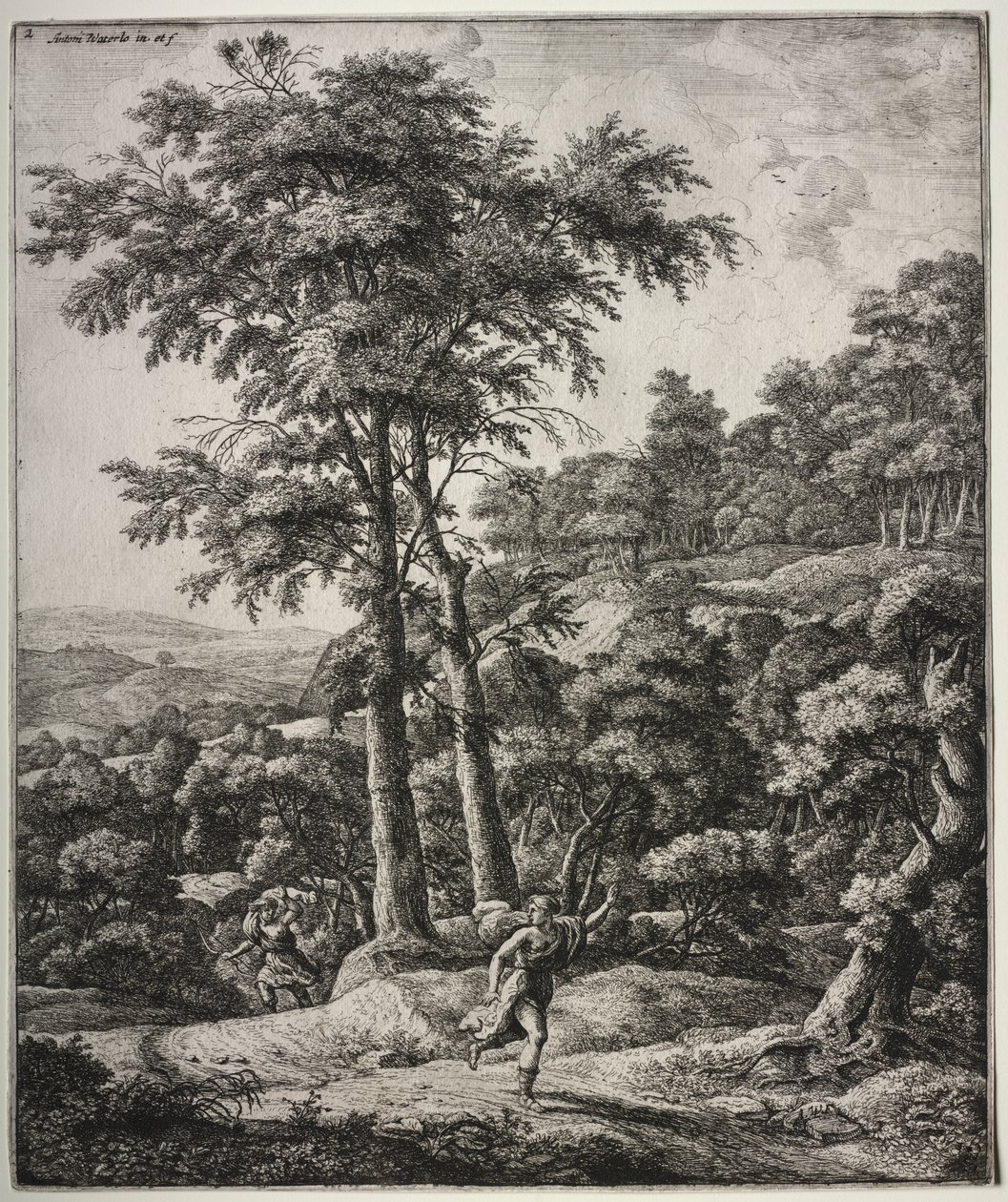 Sechs große aufrechte Landschaften mit Szenen aus Ovids Metamorphosen: Apollo und Daphne von Anthonie Waterloo