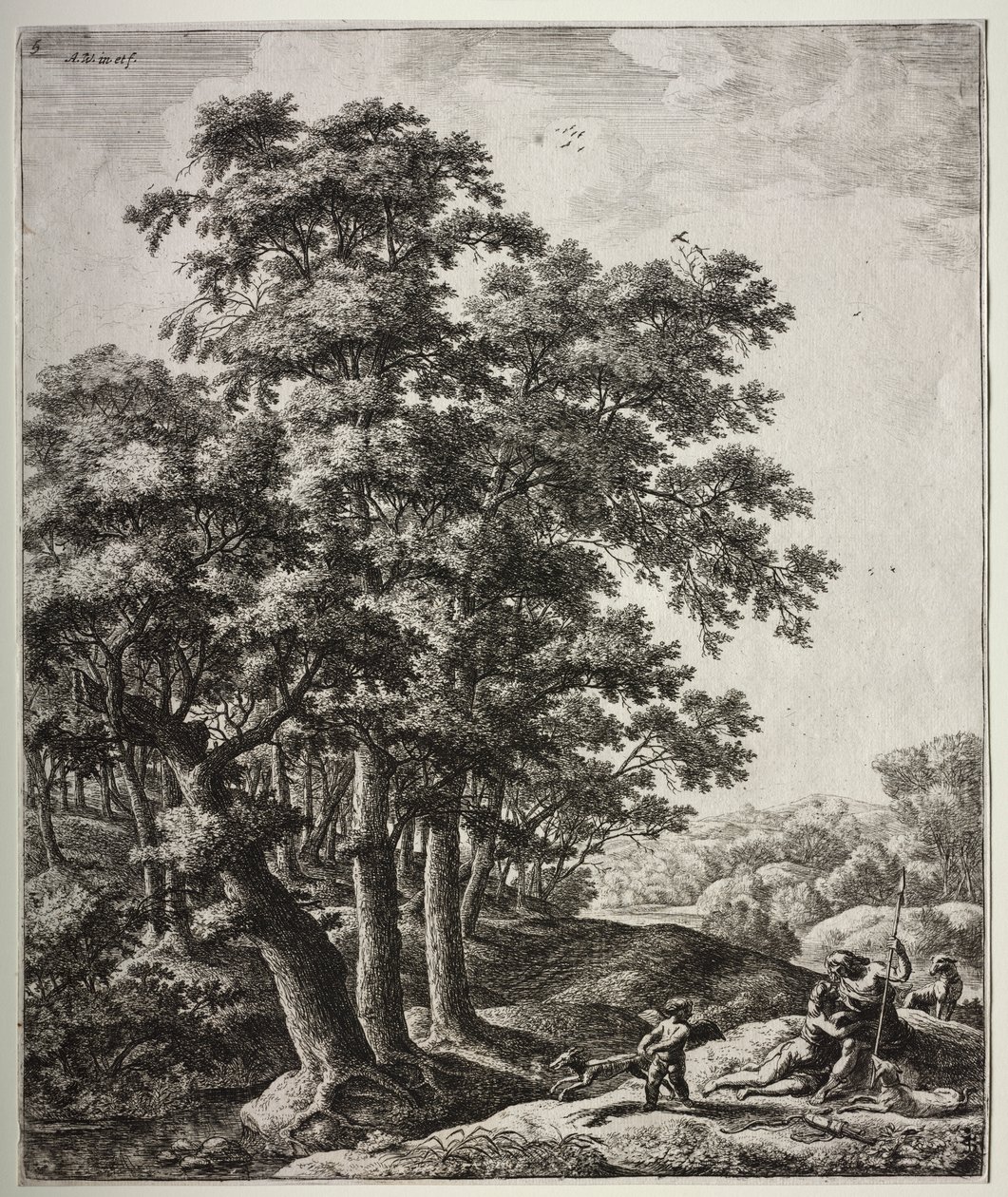 Sechs große aufrechte Landschaften mit Szenen aus Ovids Metamorphosen: Venus und Adonis von Anthonie Waterloo