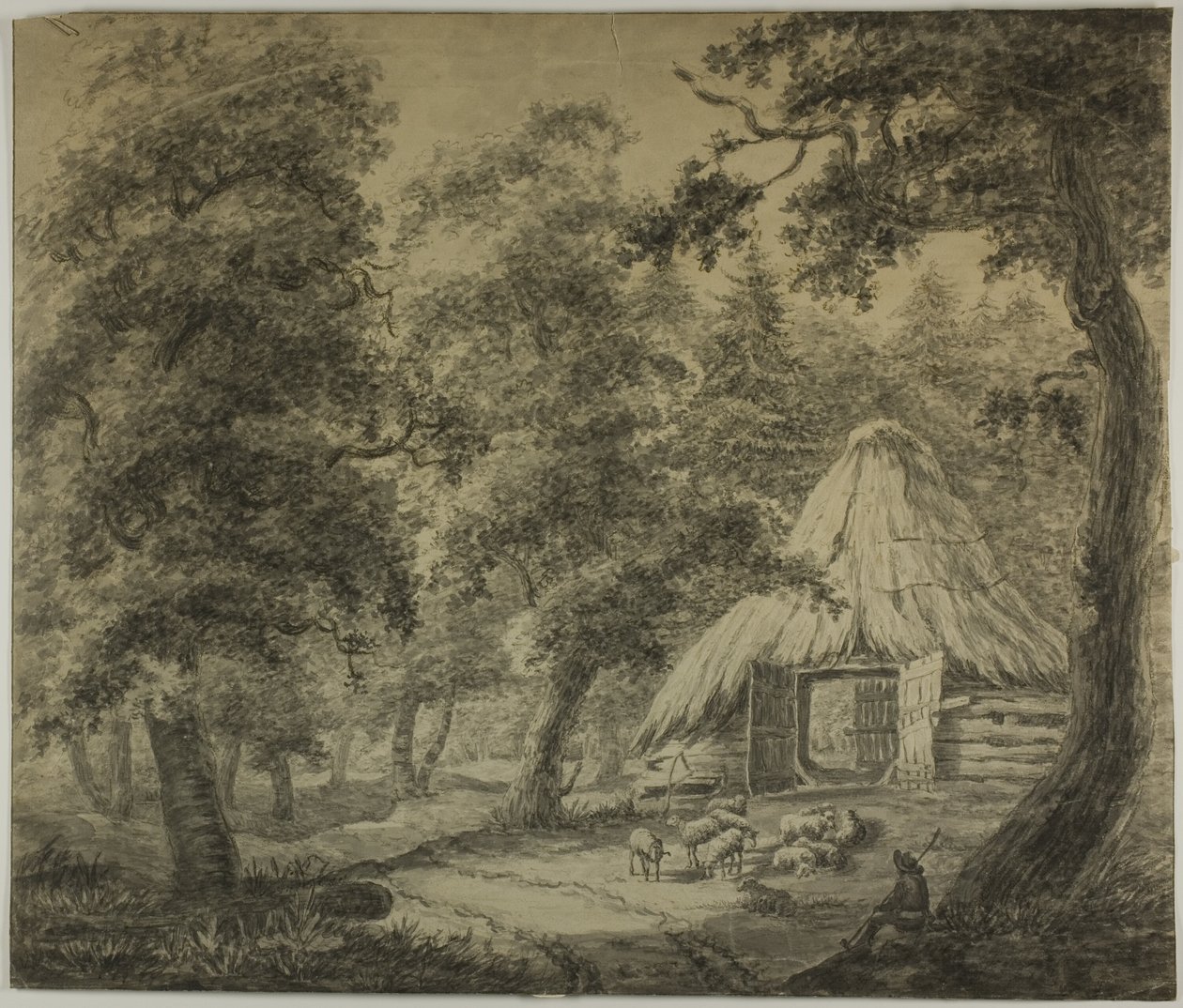 Reetdachhütte im Wald mit Schäfer und Schafen von Anthonie Waterloo