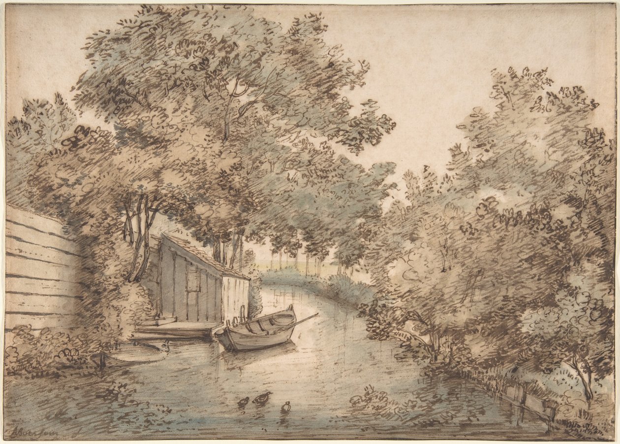 Kanal mit einem Boot und Enten von Anthonie van Borssom