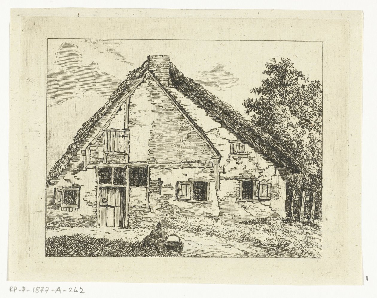 Frau mit Korb sitzend vor einem Haus von Anthonie van den Bos
