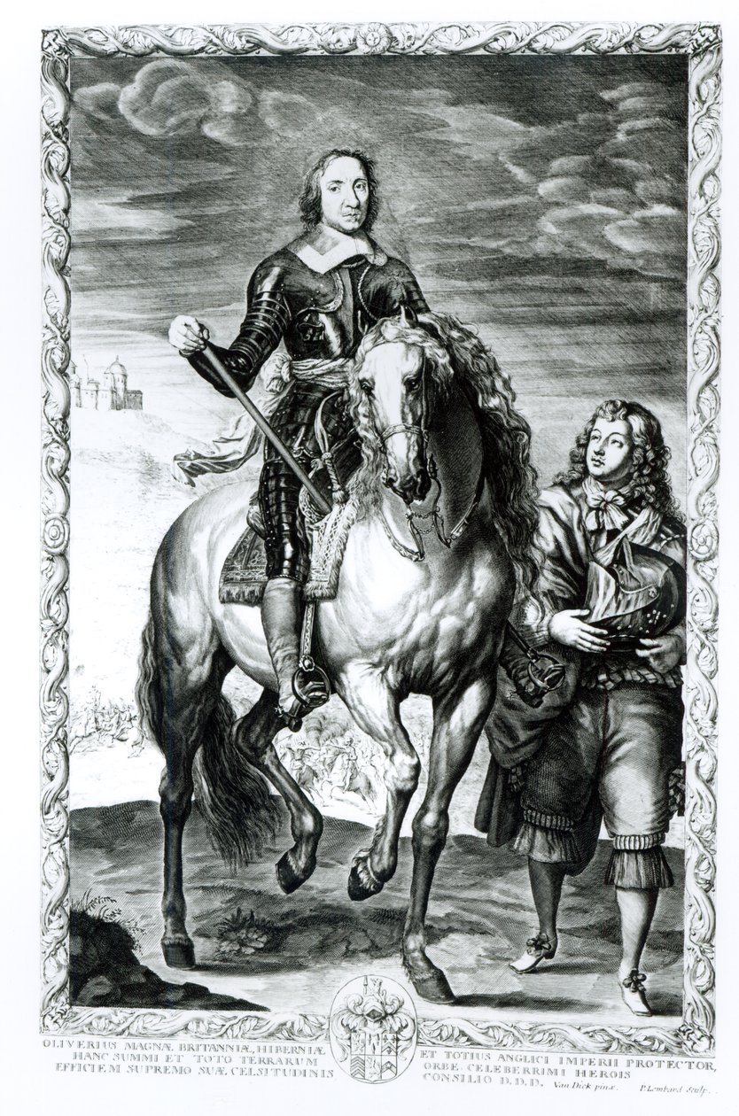 Reiterporträt von Oliver Cromwell (1599-1658) graviert von Pierre Lombart (1612-80) von Anthony van Dyck