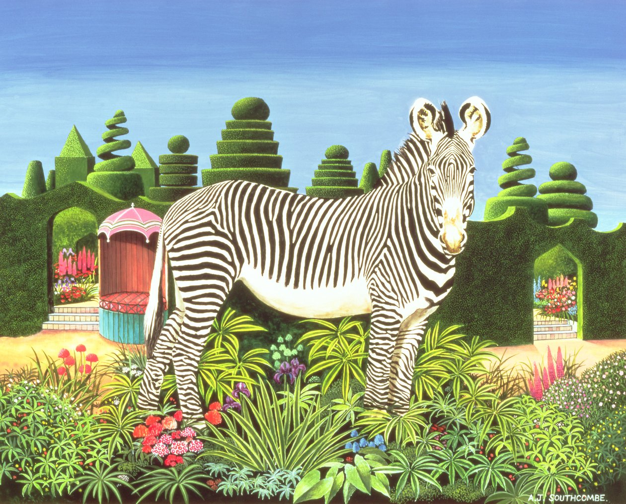 Zebra im Garten, 1977 von Anthony Southcombe