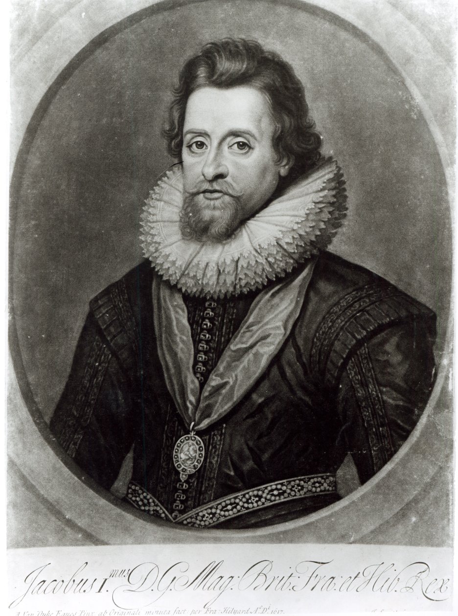 Porträt von James I (1566-1625) nach einer Miniatur von Nicholas Hilliard (1547-1619) von 1617, graviert von George Vertue von Anthony van Dyck