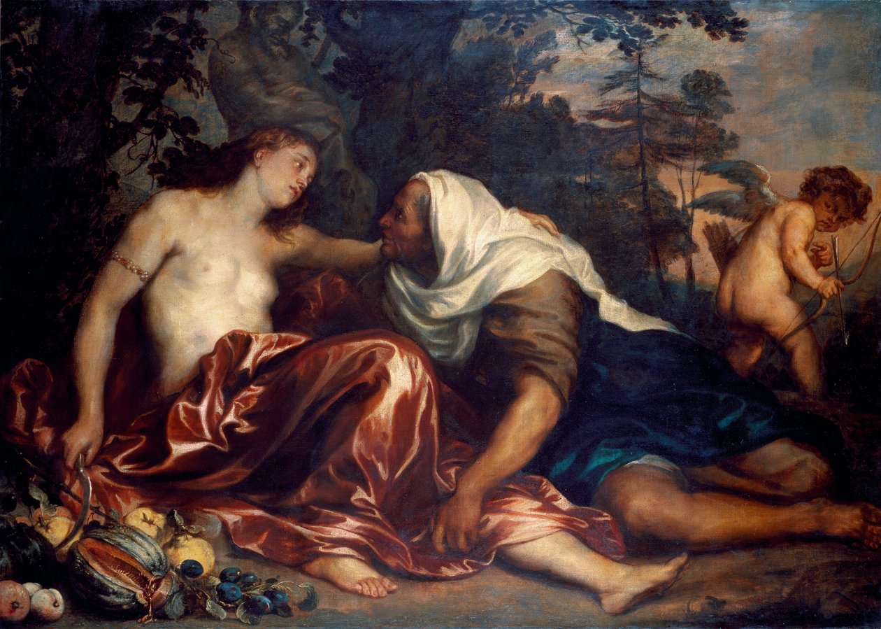 Vertumnus und Pomona (Jupiter und Ceres): Vertumnus, verliebt in die Nymphe Pomona, verkleidet sich als alte Frau, um sich ihr zu nähern. Gemälde von Antonie Van Dyck (1599-1641) 1623-1625 von Anthony van Dyck