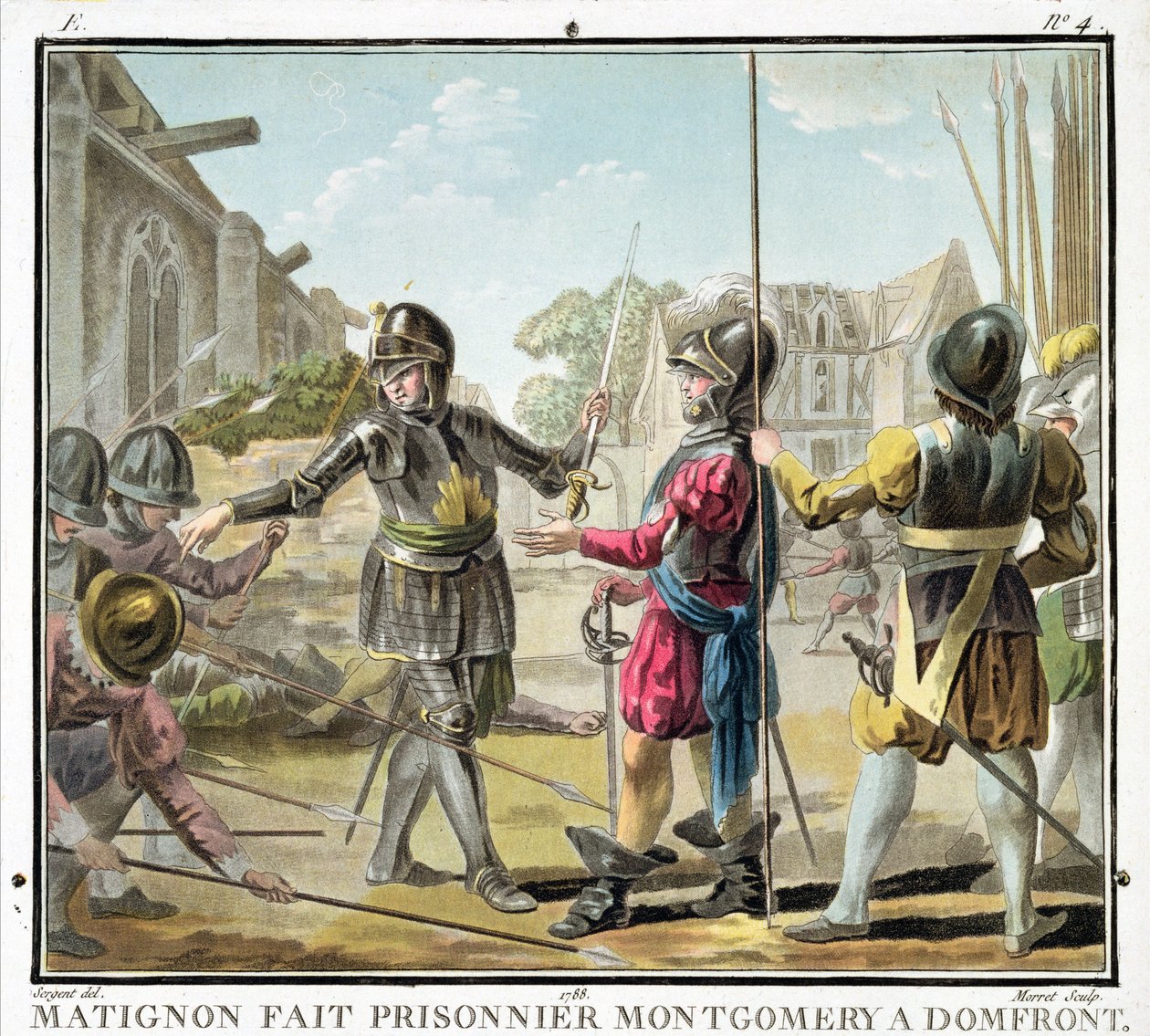 Jacques il Goyon, Herr von Matignon, nimmt Montgomery in Domfront gefangen, graviert von Jean Baptiste Morret (tätig 1790-1820), 1788 von Antoine Louis Francois Sergent Marceau