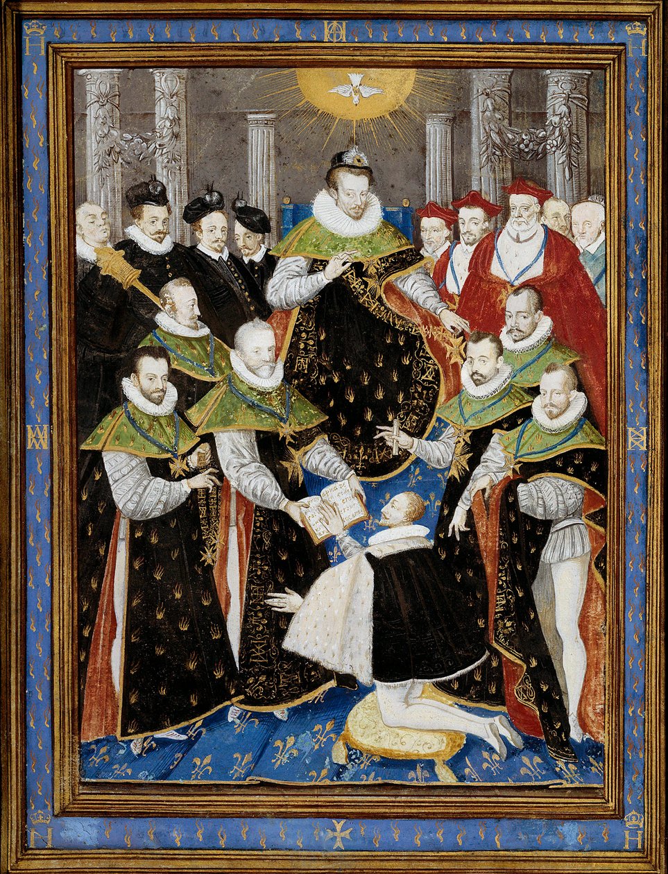 König Heinrich III. (1551-1589) leitet die erste Zeremonie des Ordens des Heiligen Geistes im Jahr 1587 Miniatur von William Richardiere (16. Jahrhundert) nach Antoine Caron (1521-1599) 1587 Chantilly, Musee Conde von Antoine (after) Caron
