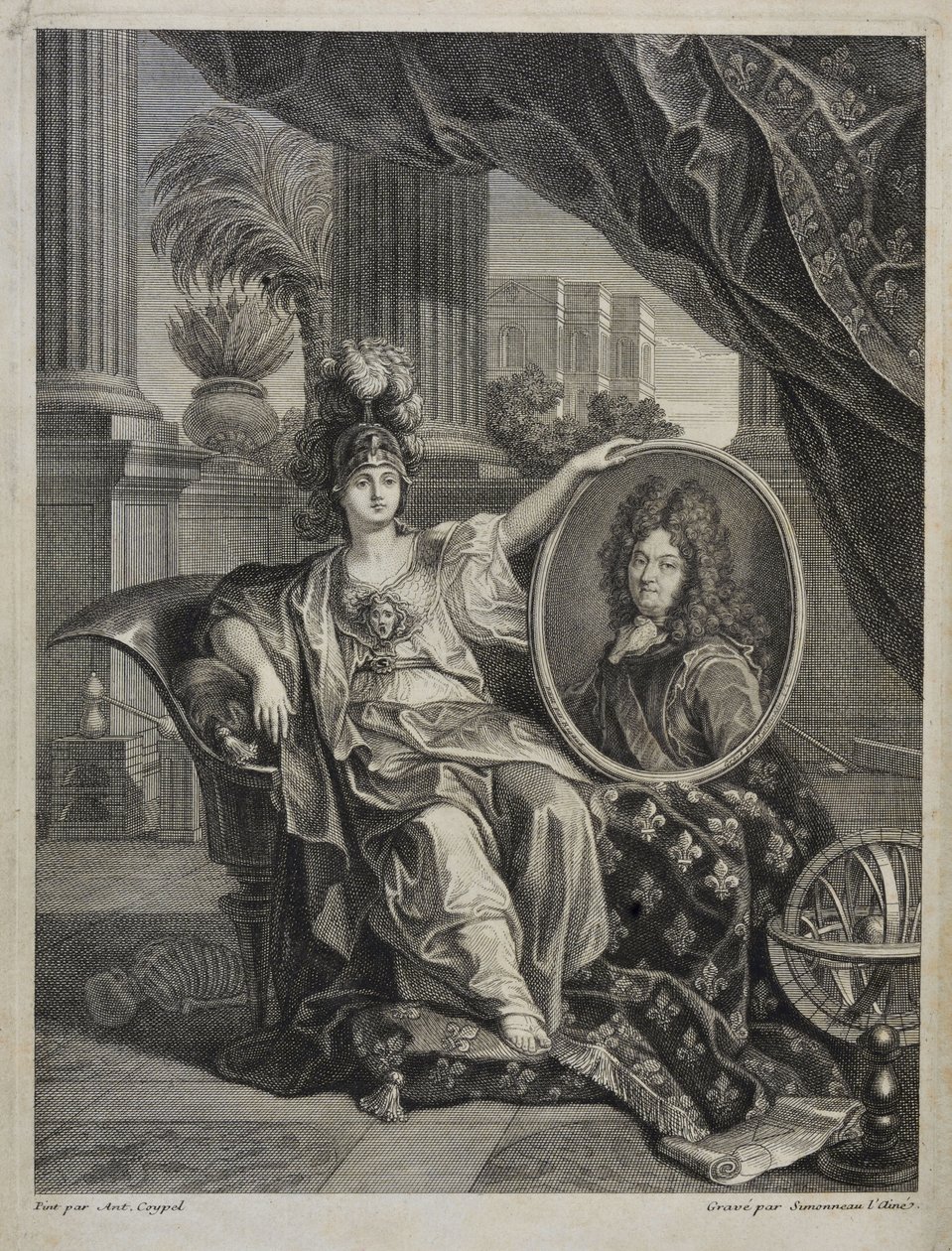 Ludwig XIV., König von Frankreich, Beschützer der Wissenschaften - Gravur von Antoine Coypel Geschichte der Königlichen Akademie der Wissenschaften, Jahr 1703 von Antoine (after) Coypel