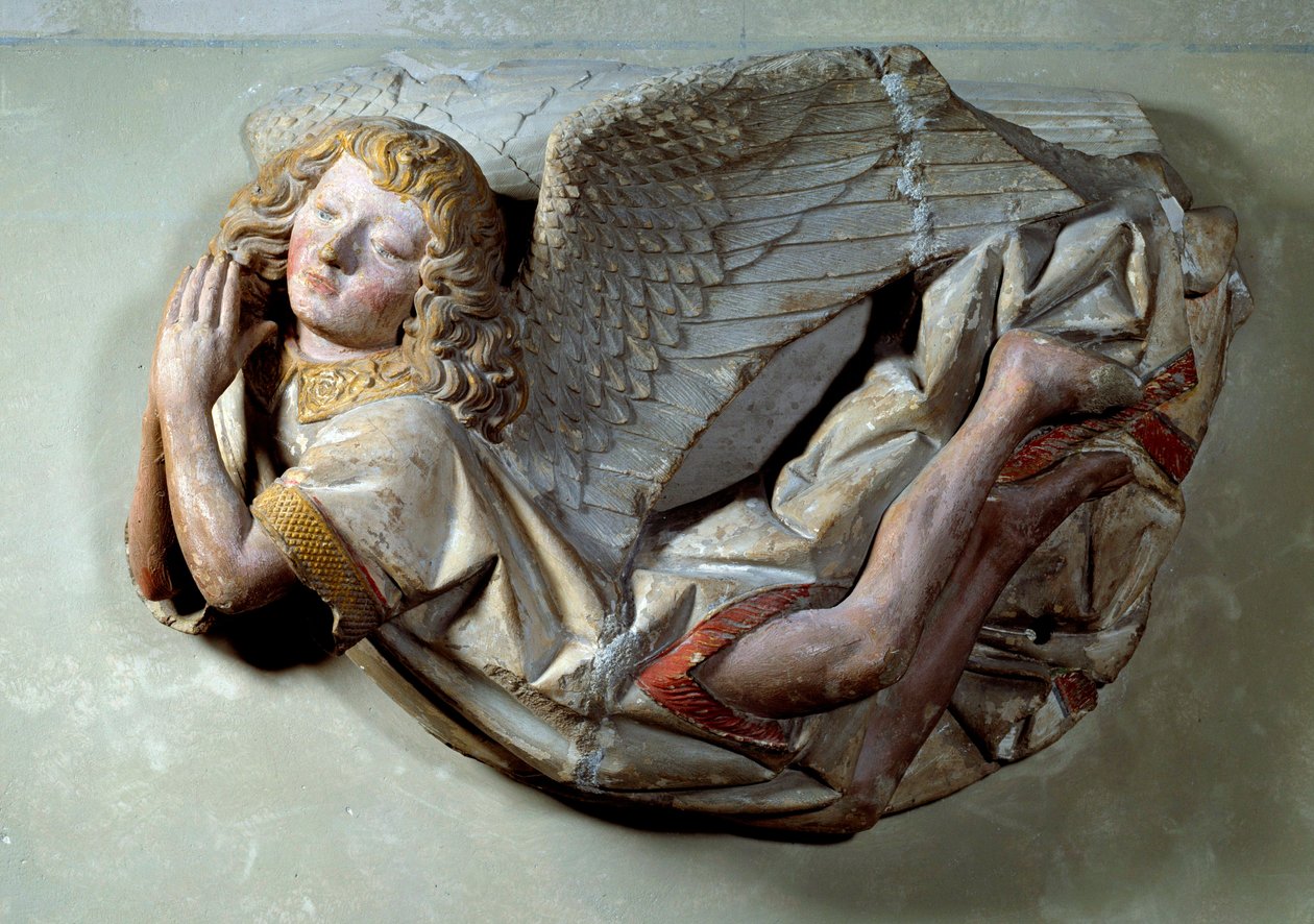 Fliegender Engel. Relief in polychromem Kalkstein, zugeschrieben Antoine le Moiturier (1490 ca.) von Antoine (attr. to) Le Moiturier