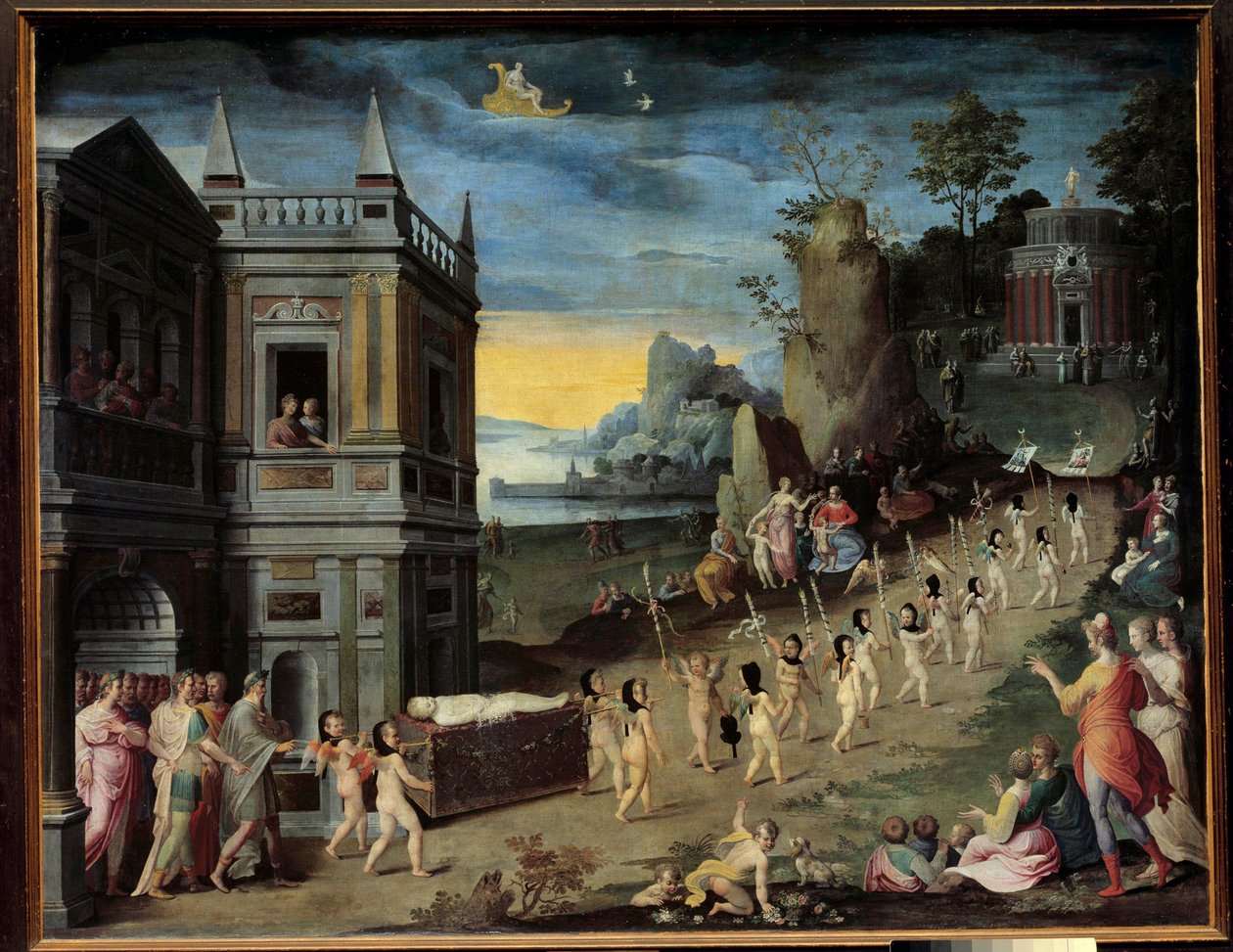 Allegorie: Das Begräbnis der Liebe. Ein Trauerzug, der den Körper von Eros trägt, bewegt sich zum Tempel der Venus. Gemälde aus der Werkstatt von Antoine Caron (1521-1599) von Antoine (studio of) Caron