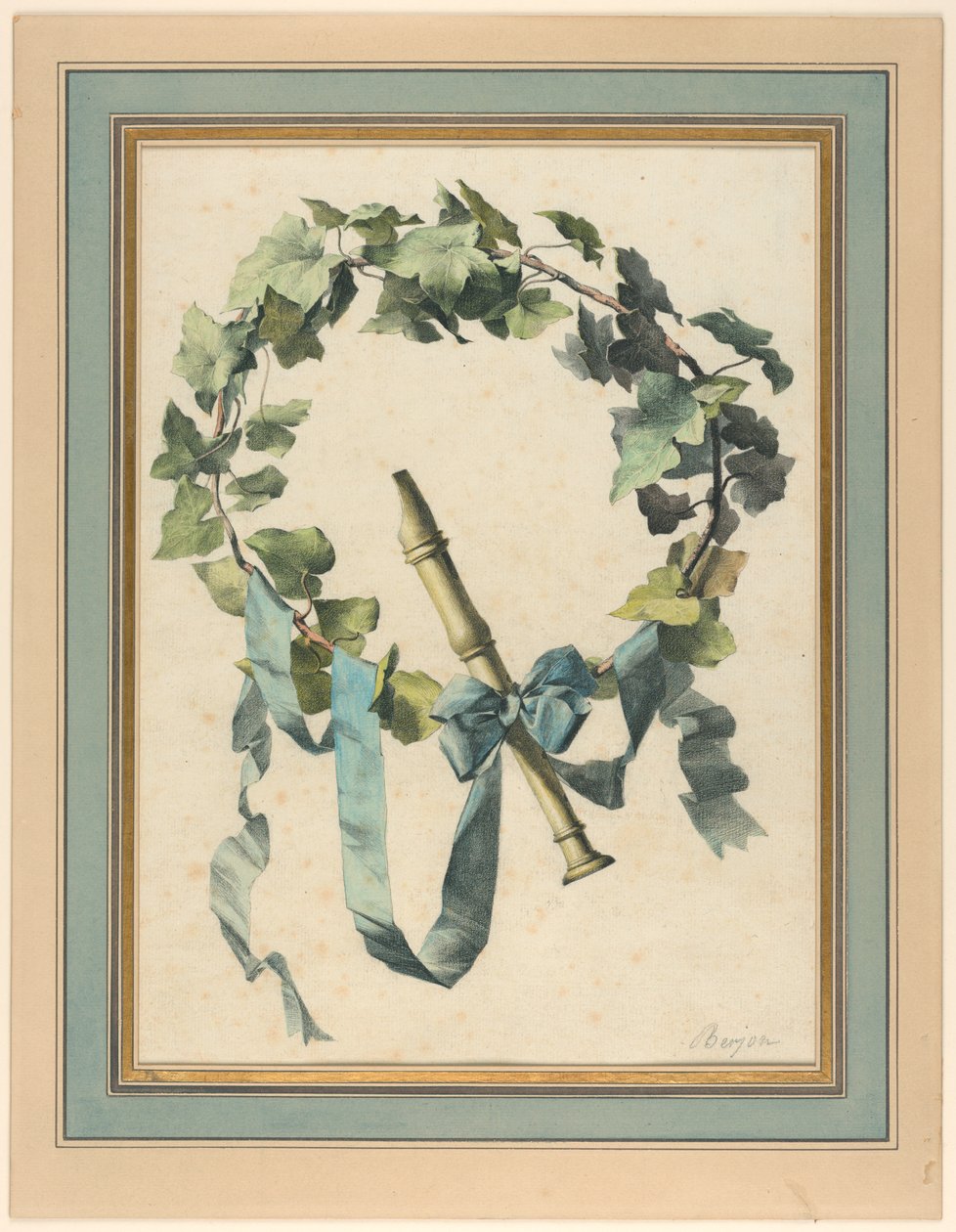 Trophäe mit Flöte, Efeu und blauem Band, 1780–90 von Antoine Berjon