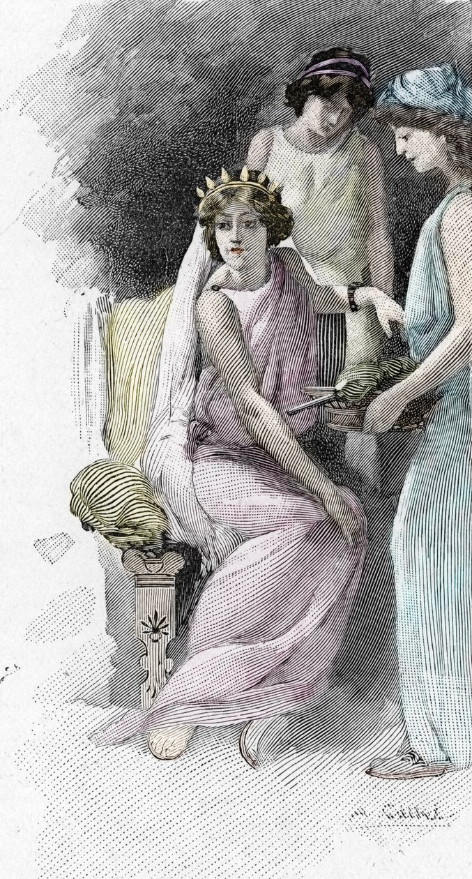 Odyssee von Homer: Gesang IV: Helena umgeben von ihren Dienerinnen. Illustration von Antoine Calbet (1860-1944) für „Die Odyssee“ von Homer, 1897 Private Sammlung von Antoine Calbet