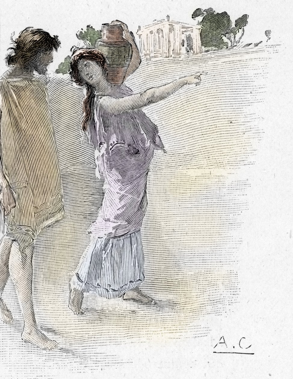 Odyssee von Homer: Gesang VII: Odysseus, von Athena verkleidet als junges Mädchen, kommt zum Palast von Alkinoos Illustration von Antoine Calbet (1860-1944) für „Die Odyssee“ von Homer 1897 Private Sammlung von Antoine Calbet
