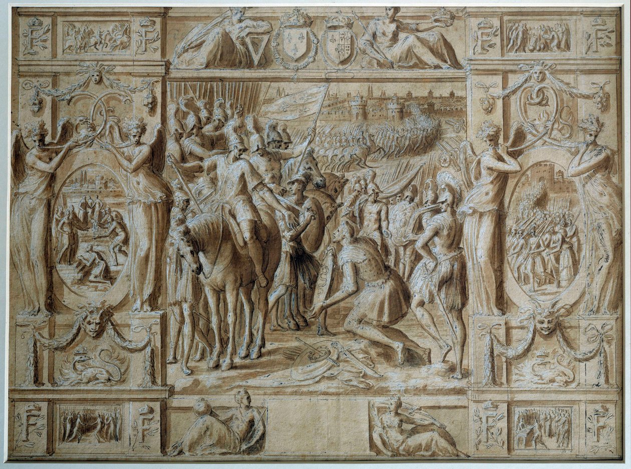 Die Unterwerfung von Mailand. Die Truppen von Franz I. eroberten die Stadt Mailand nach dem Sieg in der Schlacht von Marignano im Jahr 1515. Zeichnung in Feder und Tinte von Antoine Caron, 16. Jahrhundert Paris, Louvre Museum von Antoine Caron
