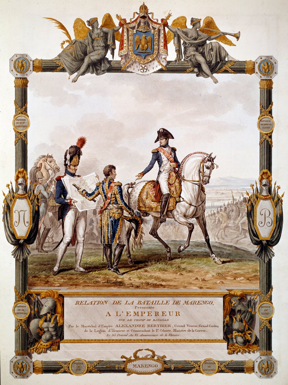 Frontispiz des Berichts über die Schlacht von Marengo am 14. Juni 1800: Marschall Berthier zeigt Napoleon I. die Schlachtstrategie von Antoine Charles Horace Vernet