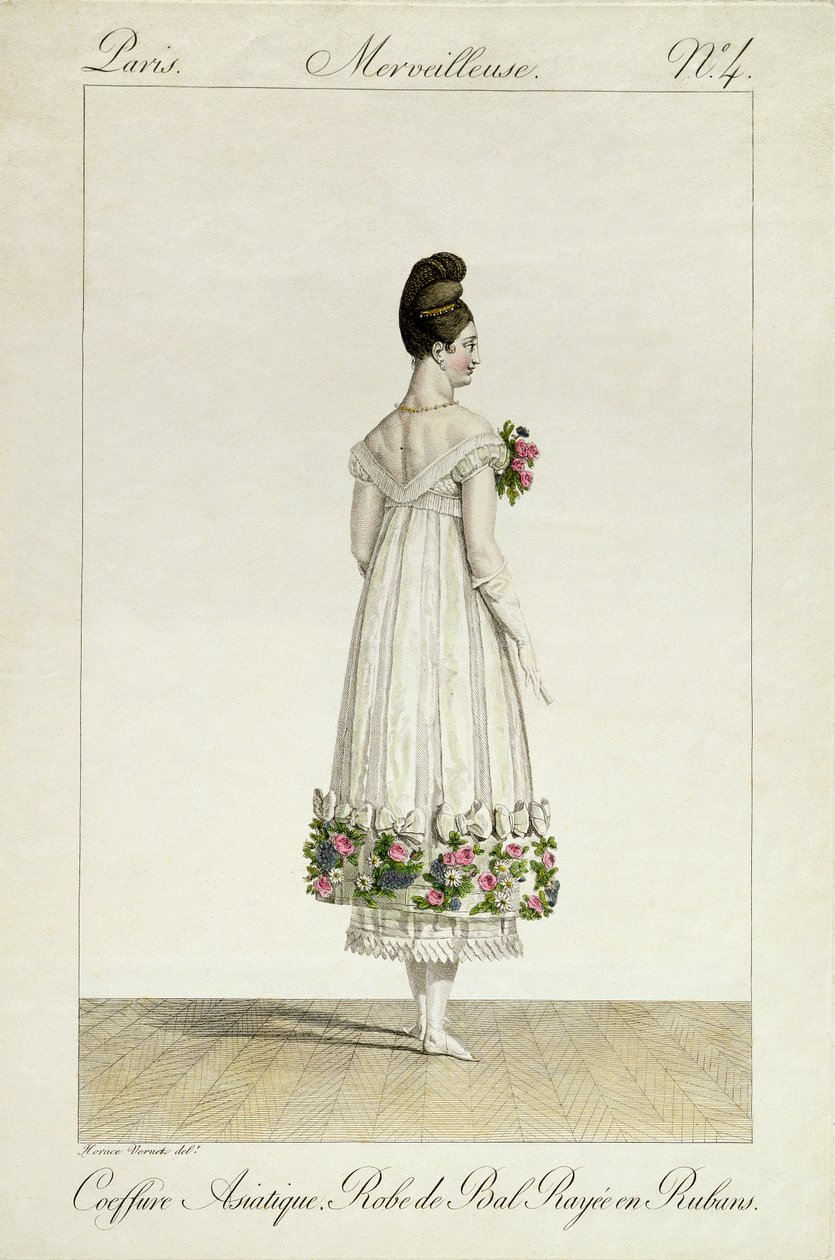 Eine Dame mit asiatischer Frisur in einem Ballkleid mit Bändern, Platte 4 aus der 