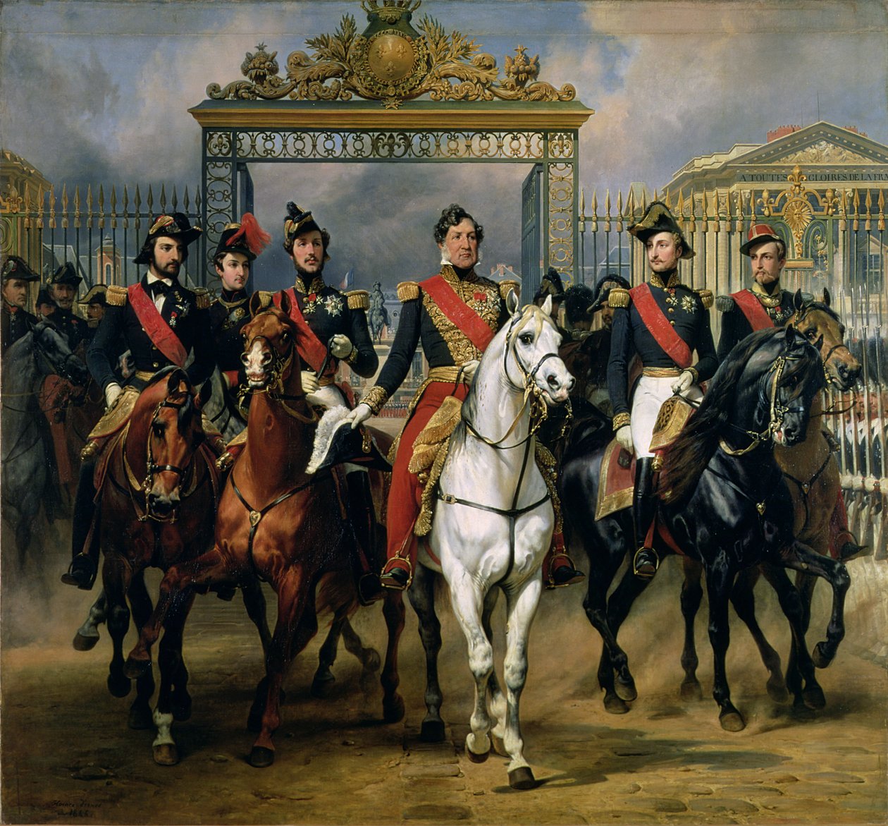 König Louis-Philippe (1773-1850) von Frankreich und seine Söhne verlassen das Schloss von Versailles zu Pferd, 1846 von Antoine Charles Horace Vernet
