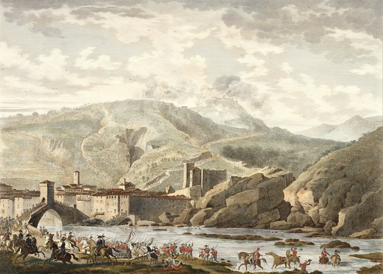 Die Schlacht von Millesimo, 25 Germinal, Jahr 4 (April 1796) graviert von Jean Duplessi-Bertaux (1747-1819) von Antoine Charles Horace Vernet