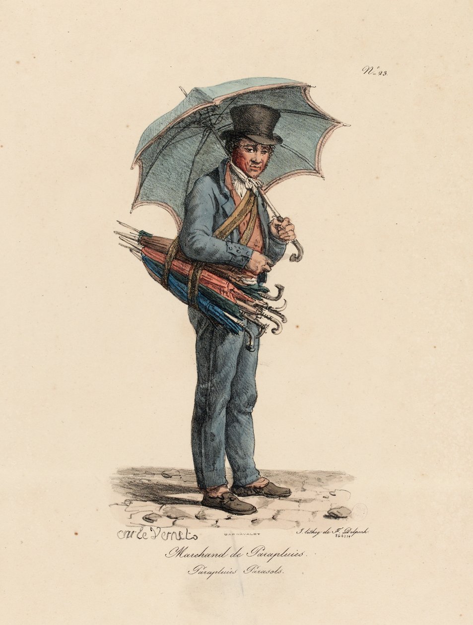 Der Regenschirm- und Sonnenschirmverkäufer, Nummer 23 aus der Serie Die Rufe von Paris, graviert von Francois Seraphin Delpech (1778-1825) von Antoine Charles Horace Vernet