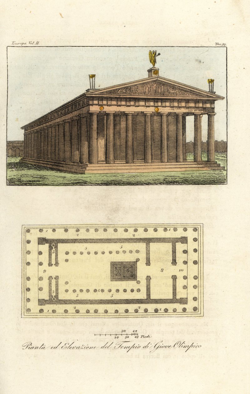 Aufriss und Plan des Tempels des Zeus oder Jupiter am Olymp von Antoine Chrysostome Quatremère de Quincy