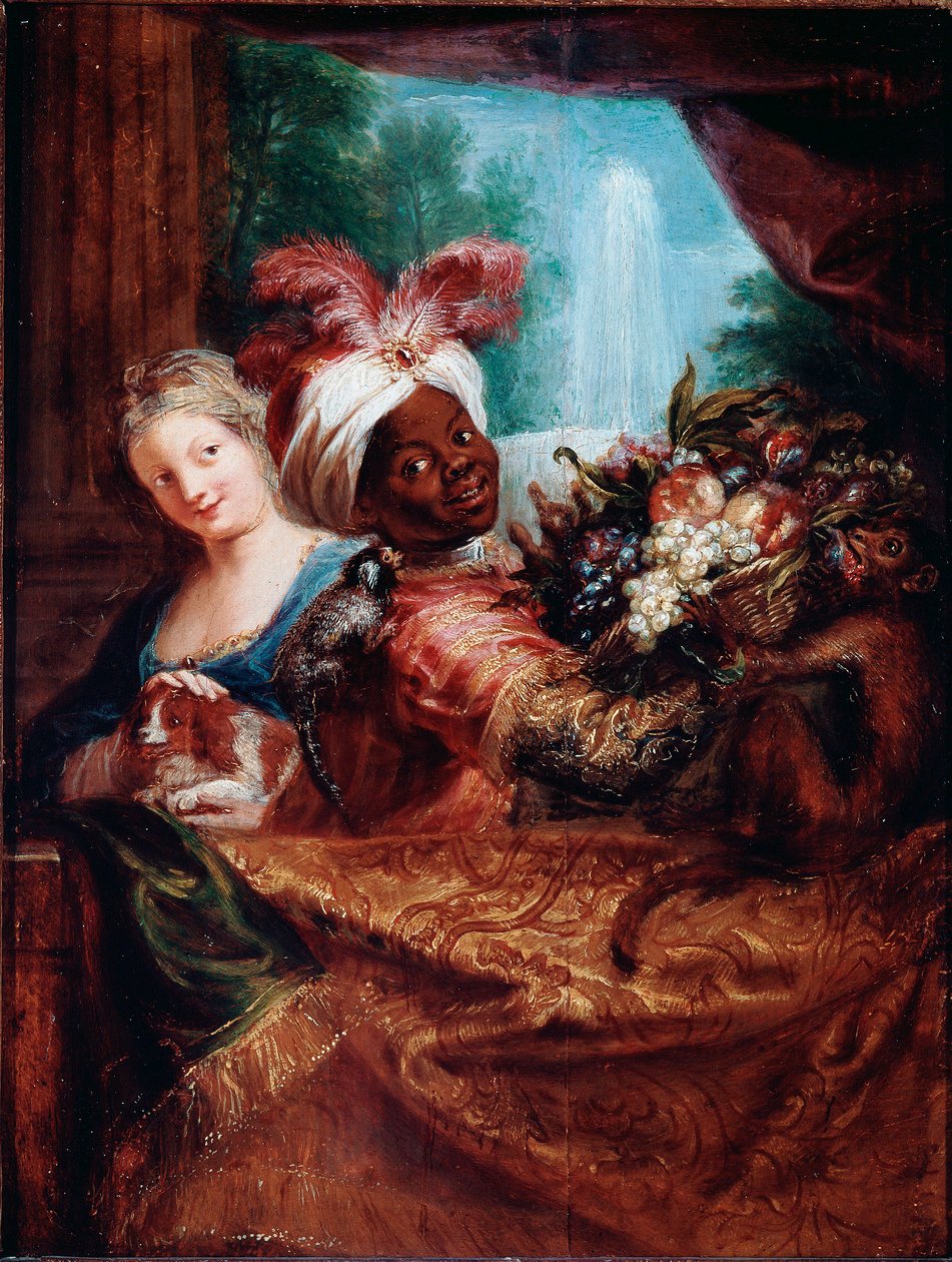 Junges Mädchen streichelt einen Hund und ein schwarzer Diener präsentiert einen Korb mit Früchten. Ein kleiner Affe liegt auf ihrer Schulter. Gemälde von Antoine Coypel (1661-1722) von Antoine Coypel
