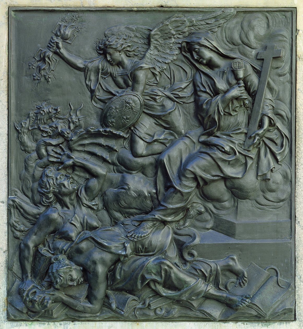 Der Engel Frankreichs vertreibt die Ketzer, Detail vom Sockel einer Statue von Ludwig XIV., ca. 1687 von Antoine Coysevox