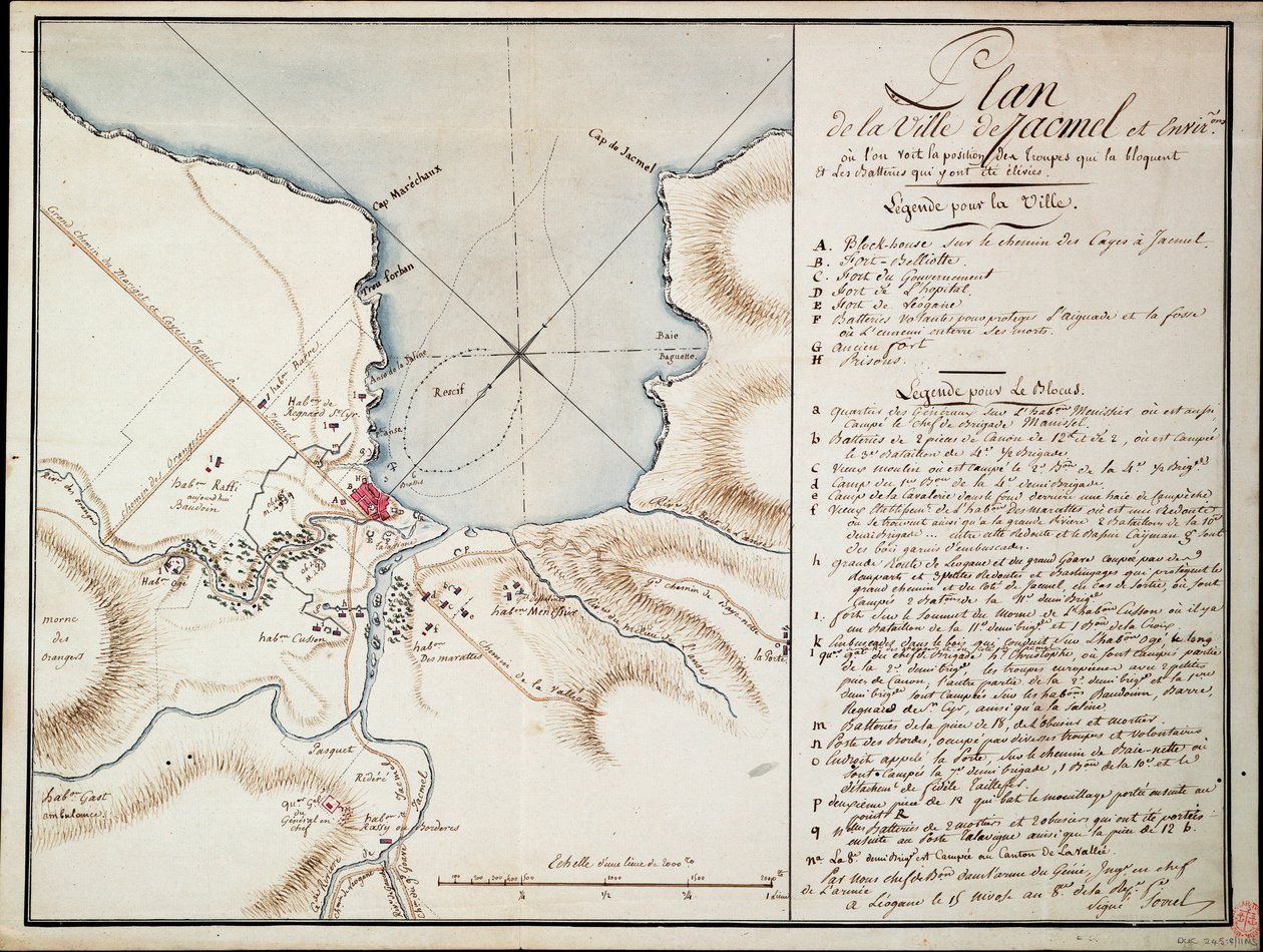 Umgebung von Jacmel, zur Anzeige der Linien und Positionen während der Blockade und der errichteten Batterien zur Verteidigung der Belagerten von Antoine François Sorrel des Rivieres