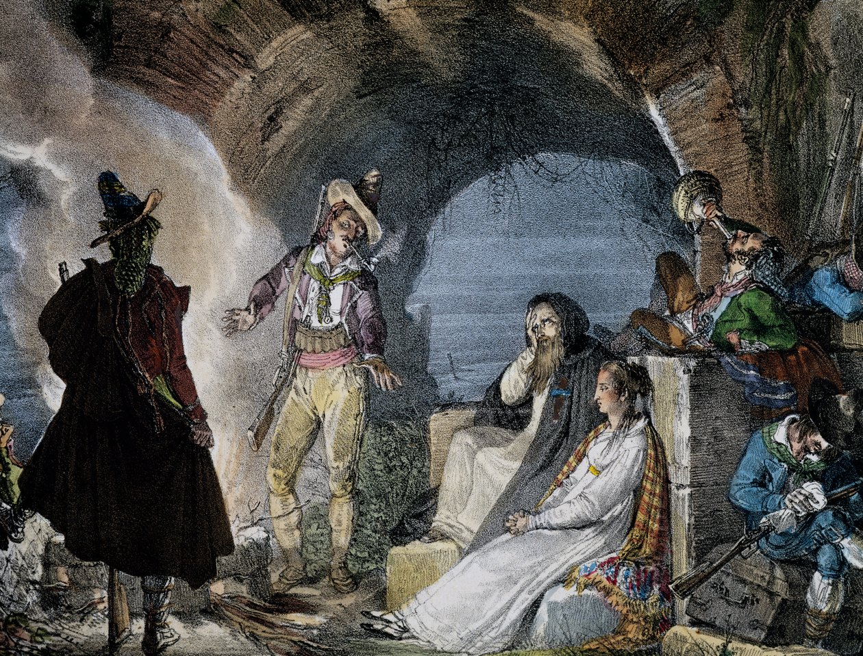 Räuberhöhle, aus Un an a Rome, Lithographie von Antoine Jean Baptiste Thomas