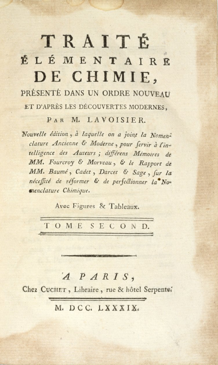Titelseite von Traité Élémentaire de Chimie, Tome II, veröffentlicht in Paris, 1789 von Antoine Laurent de Lavoisier